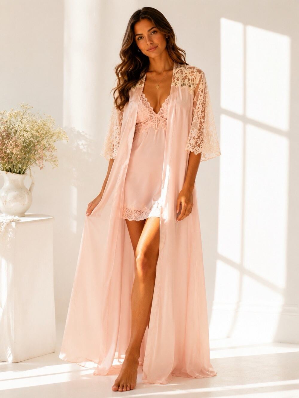 Blanche Vintage Pink Ivory Lace 100% Nylon Sheer Robe Dreamy Romantic Peignoir
